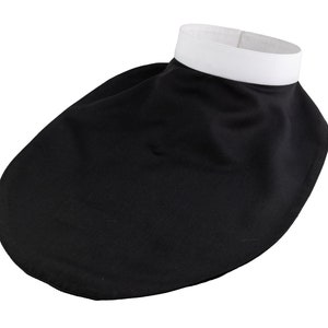 May include: A black clergy collar with a white band. The collar is made of fabric and is designed to be worn under a shirt.