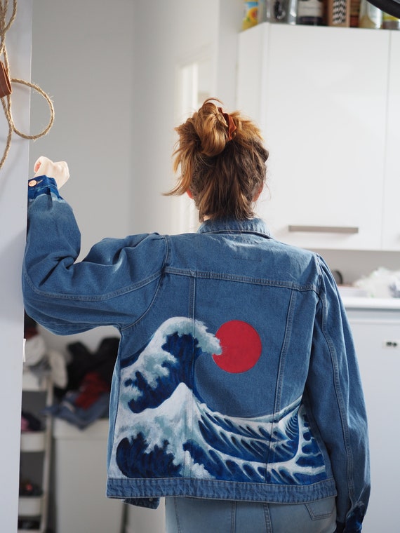 Custom Denim Jacket Hokusai Etsy