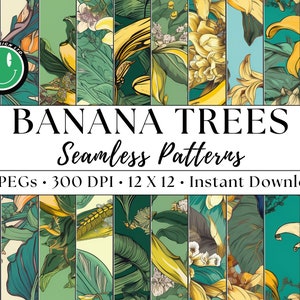 Set of 12 Banana Tree Seamless Patterns - High-Resolution 300 DPI JPEGs, 12 x 12 Inches - Perfect for Stationery and Decor