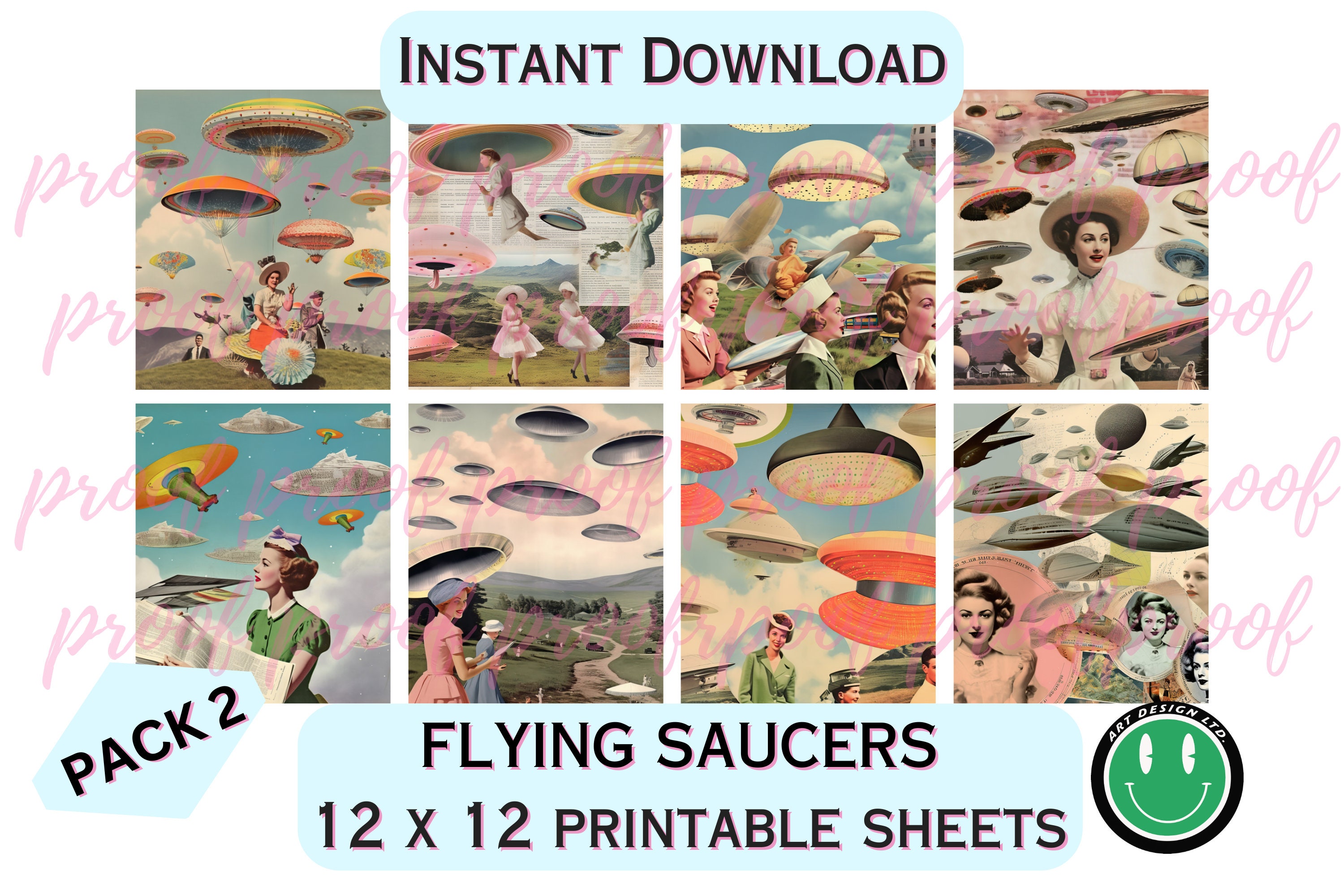 Flying Saucers Printable Paper, Instant Download for Crafting, Junk