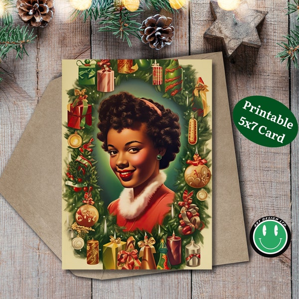 Printable Kitschy 5x7 Christmas Card, Blank Retro Holiday Card, Beautiful Vintage Woman, Glamorous African American Lady, Seasons Greetings