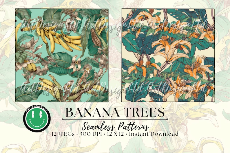 Set of 12 Banana Tree Seamless Patterns - High-resolution 300 DPI Jpegs ...