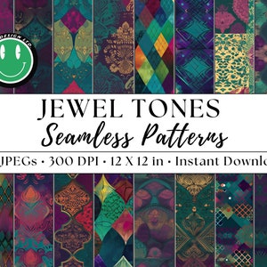 Jewel Tones Seamless Patterns, Set of 20 Digital Papers for Scrapbooking, Stationery, & Crafts, Instant Download