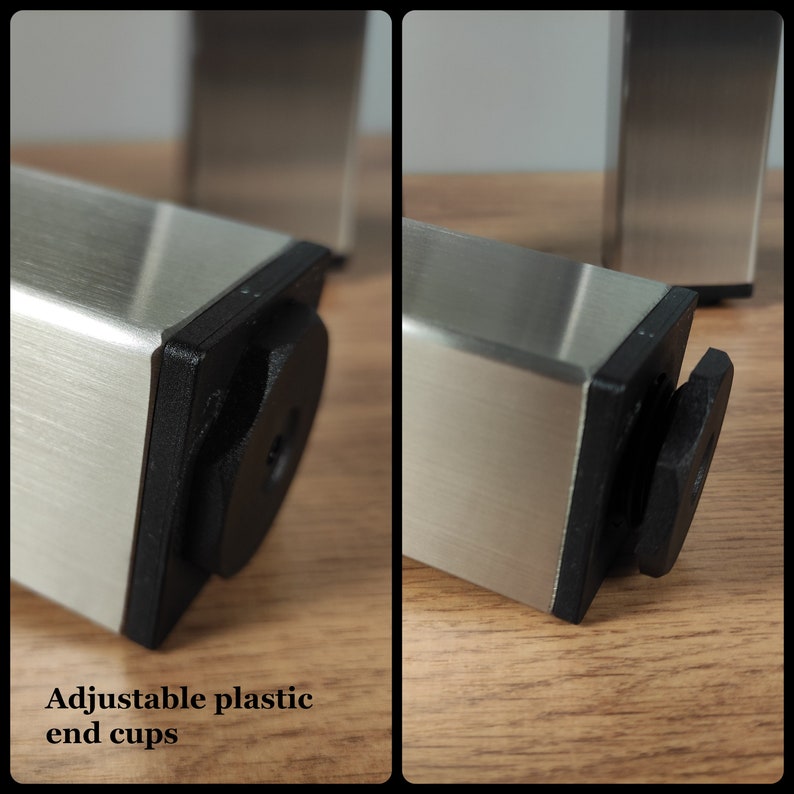 May include: Close-up of two silver metal table legs with adjustable plastic end cups. The end cups are black and have a textured surface.