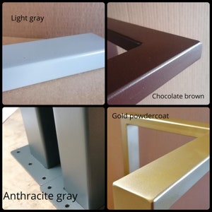 May include: Four samples of different powder coat finishes for metal furniture. The colors are light gray, chocolate brown, anthracite gray, and gold powdercoat.