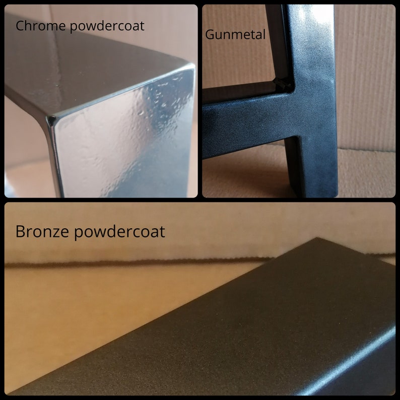 May include: Close-up of three metal table legs in different finishes: chrome powdercoat, gunmetal, and bronze powdercoat.