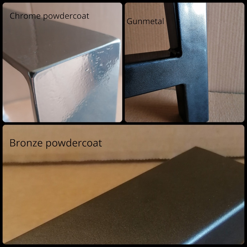 K&ouml;nnte beinhalten: Nahaufnahme von drei Tischbeinen aus Metall in verschiedenen Ausf&uuml;hrungen: Chrom-Pulverbeschichtung, Gunmetal und Bronze-Pulverbeschichtung.