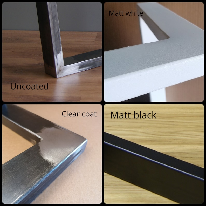 May include: Four close-up images showing different finishes for metal table legs. The finishes are uncoated, clear coat, matt white, and matt black.