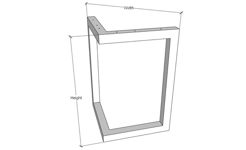 K&ouml;nnte beinhalten: Eine 3D-Illustration eines einfachen, rechteckigen, L-f&ouml;rmigen Tischbeins mit den Bema&szlig;ungen "Breite" und "H&ouml;he".
