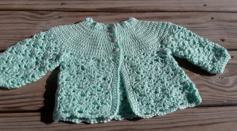 - 1 year Hand Crocheted Baby Sweater and Booties 6 mth Free Shipping Mint