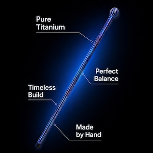 Op de afbeelding: Een lange, slanke, iriserende blauwe en paarse titanium staaf met een bolvormige, geribbelde bovenkant. De staaf bevat tekstlabels die wijzen naar de kenmerken: Pure Titanium, Perfect Balance, Timeless Build en Made by Hand, tegen een zwarte achtergrond.