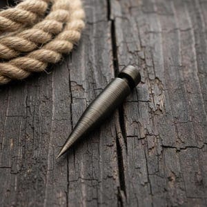Op de afbeelding: Een metalen, conische flesstopper met een textuuroppervlak. De stopper is donkergrijs en heeft een afgeronde bovenkant. Een stuk touw staat op de achtergrond. De stopper staat op een verweerd houten oppervlak.