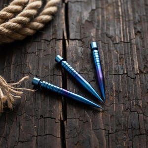 May include: Three blue and purple metal darts with a pointed tip and grooved design are arranged on a dark wooden surface. A length of rope is visible in the background, adding texture to the composition.
