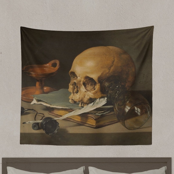 Gothic Tapestry - Still Life with a Skull and a Writing Quill -  Vanitas Vanitatum - Memento Mori Art - Pieter Claesz -1600s
