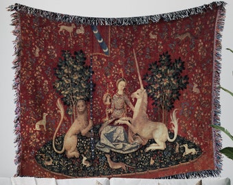 Lady and Unicorn Woven Cotton Throw Blanket – Medieval Tapestry