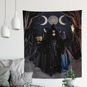 May include: A tapestry depicting three figures in dark cloaks, set against a backdrop of a moon and a labyrinth symbol. The figures are in a forest setting, with a torch held by one. The color palette is dark, with shades of black, gray, and blue.
