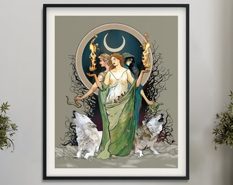 Moon Goddess  Hecate Poster - Painted - Wiccan Tapestry - Hecate Witchy Painted Print, No Frame