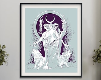 Moon Goddess Hecate Poster- Wiccan Tapestry - Hecate Witchy Print, No Frame
