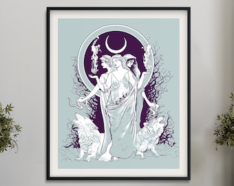 Plakat z boginią księżyca, Hekate – gobelin wiccański – wydruk wiedźmiej Hekate, bez ramki