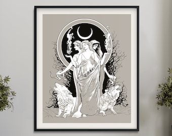 May include: A framed wall art print featuring a black and white illustration of a triple-headed figure holding flames, positioned before a crescent moon. Two wolves are depicted at the base, surrounded by dark, tangled, leafless tree branches.