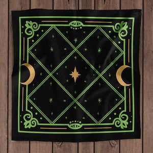 Green Menagerie Altar Cloth - Moon and Star Tarot Cloth 24 X 24 Inches (Printed)