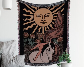 Woven Blanket - The Sun Tarot Card  - Dark Colors Rider Waite Deck - Cotton Throw