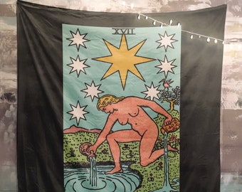 The Star Tarot Card Tapestry - Rider Waite, Teal on Black
