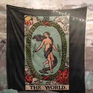 The World Tarot Card Tapiz turquesa - Rider Waite The World Teal Tapestry (Tarjeta completa en negro)