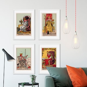 Ensemble d’impression de cartes de tarot Four Queens - La reine des coupes, la reine des épées, la reine des baguettes, les affiches de la reine des pentacles, sans cadre