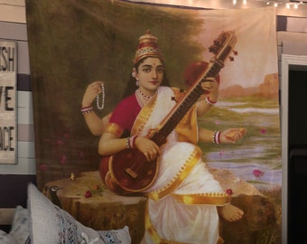 The Hindu God Saraswati With Her Sitar And Peacock - Tapestry