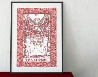 Impresión de la carta del tarot rosa de los amantes – Arte bohemio