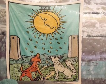 The Moon Tarot Card Tapestry - Teal Rider Waite Design