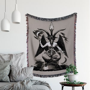 Baphomet Woven Throw Blanket - Satan Woven Beige Eliphas Levi Tapestry - Sabbatic Goat Blanket