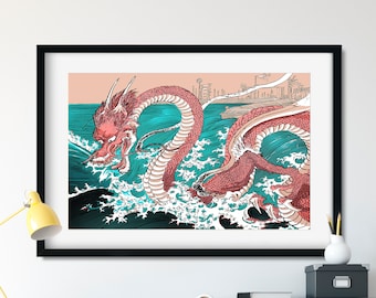 歌川国芳 龍: 日本神話 浮世絵 アンティーク 蛇 (彼への贈り物) 木版画
