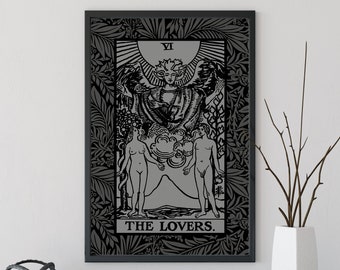 Impresión de la carta del Tarot de los Enamorados - Arte gris y negro