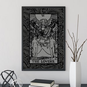 The Lovers Tarot Karte - Grau und Schwarz Print - The Lovers Card Grey Poster, No Frame
