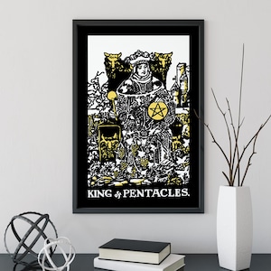 King of Pentacles- Tarot Card Print - Le roi des pentacles Affiche de carton noir blanc et jaune, sans cadre