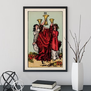 3 de Copas - Impresión de la carta del tarot - Póster de la carta Tres de Copas, sin marco