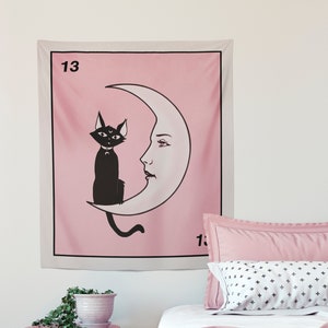 La Luna Cartoon Cat Card Moon Pink Tapestry