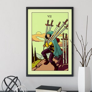 7 de espadas - Impresión de carta del tarot de la baraja Green Menagerie - Póster de la carta Siete de espadas en el cielo azul, sin marco