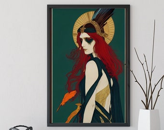 May include: Framed art print featuring a woman with long red hair, adorned with a feathered headdress and gold accents. The artwork has a dark teal background and a gold halo. An orange feather is also visible.