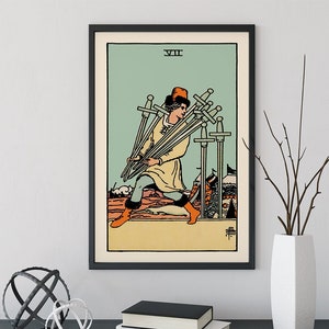 Les 7 épées - Impression de cartes de tarot - Poster Les sept épées bleu ciel, sans cadre