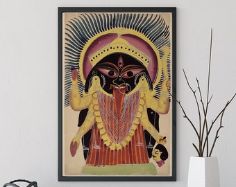 Puede incluir: Una impresión de arte de pared enmarcada que presenta una ilustración estilizada de una deidad de múltiples brazos con cara negra, ojos grandes y una lengua roja prominente. La figura tiene piel amarilla, una corona dorada y una falda roja.