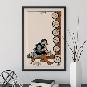 Eight of Pentacles - Tarot Card Print - The 8 of Pentacles Neutral Vibes Card Poster, No Frame