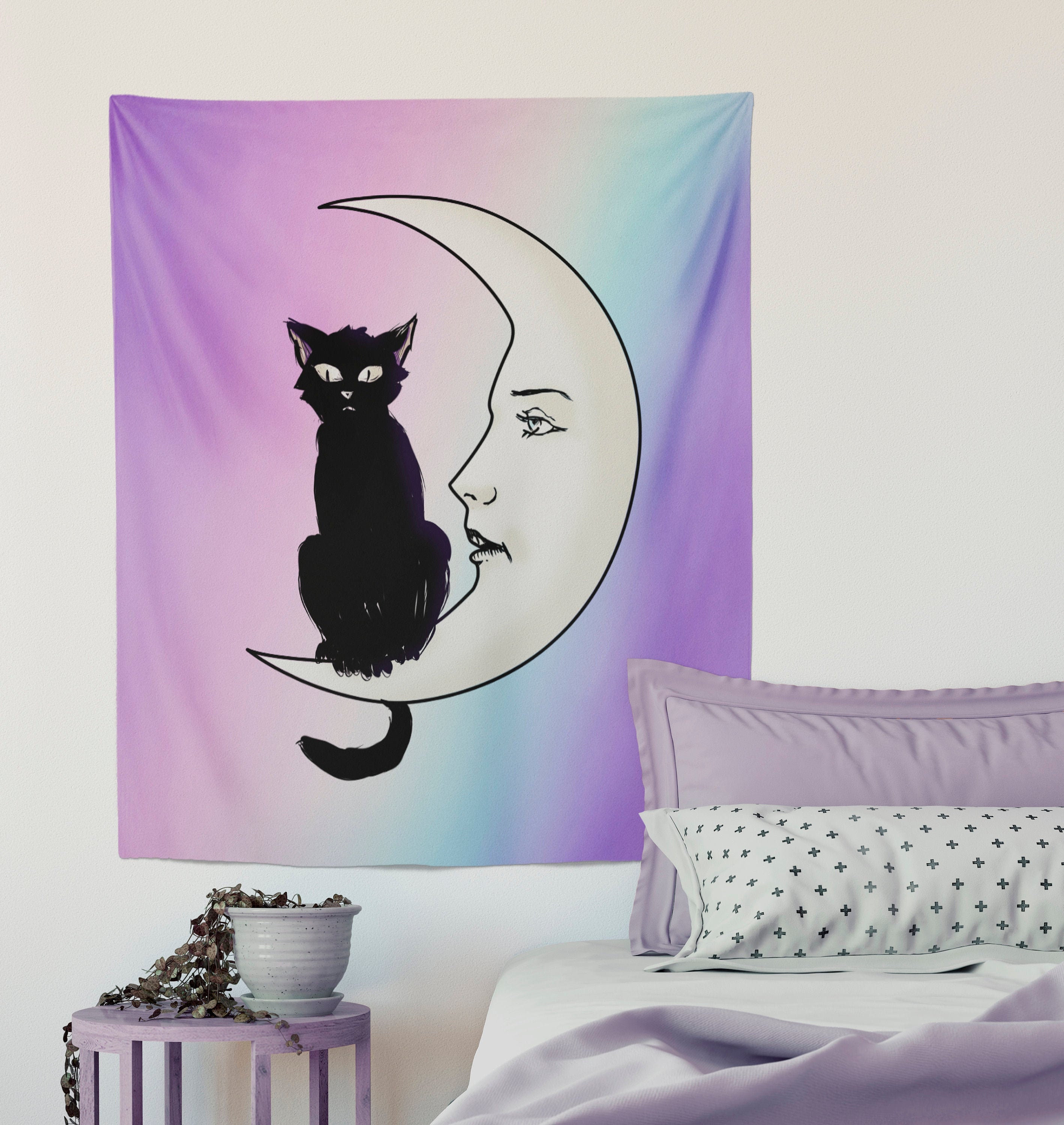La Luna Cat Card Moon Pastel Goth Tapestry | Etsy