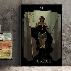 Justice - Tarot Card Print from the Green Menagerie Tarot - Tarot Card The Black Woman Tarot Card The Justice Card Poster, No Frame