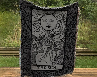 Woven Blanket - The Sun Tarot Card  - Black and Gray Floral - Rider Waite Deck - Cotton Throw
