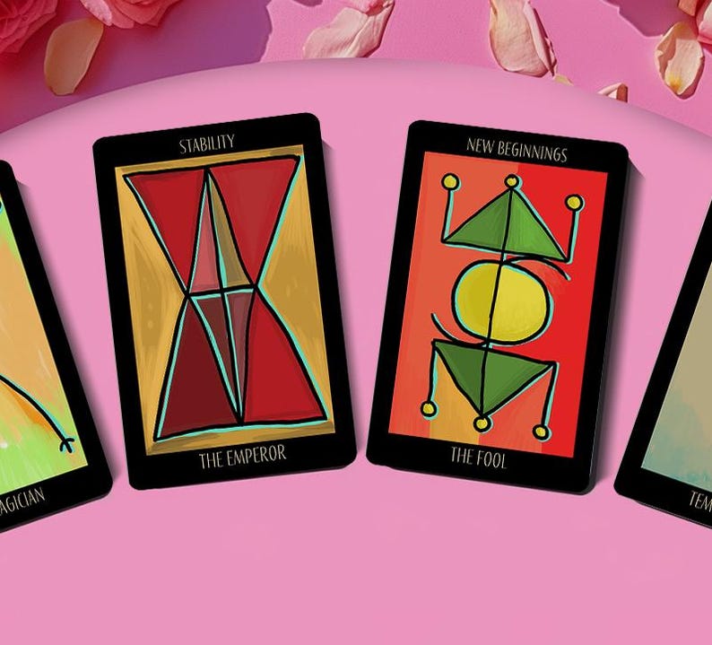 May include: Four tarot cards with black borders are displayed against a pink background. The cards feature colorful abstract illustrations and titles such as "Stability" and "New Beginnings." The card titled "The Emperor" has a red and yellow geometric design.