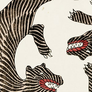 May include: A black and white striped illustration of three stylized animal heads with red mouths and sharp teeth. The animal heads are arranged in a circular pattern.