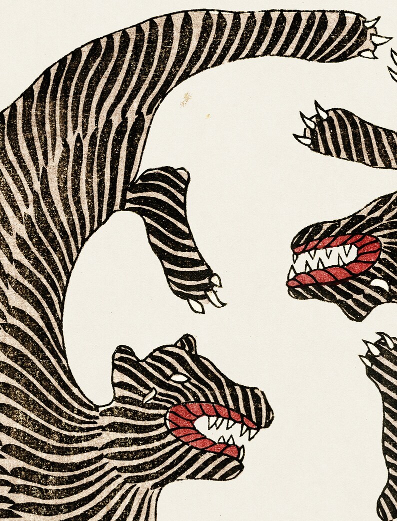 May include: A black and white striped illustration of three stylized animal heads with red mouths and sharp teeth. The animal heads are arranged in a circular pattern.